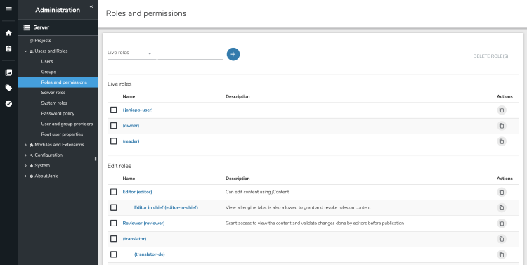 Interface for roles and permissions