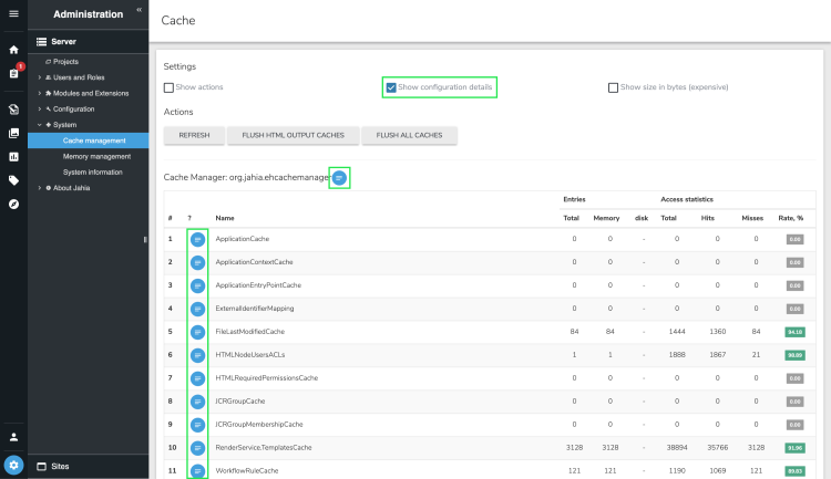 Display cache details and statistics